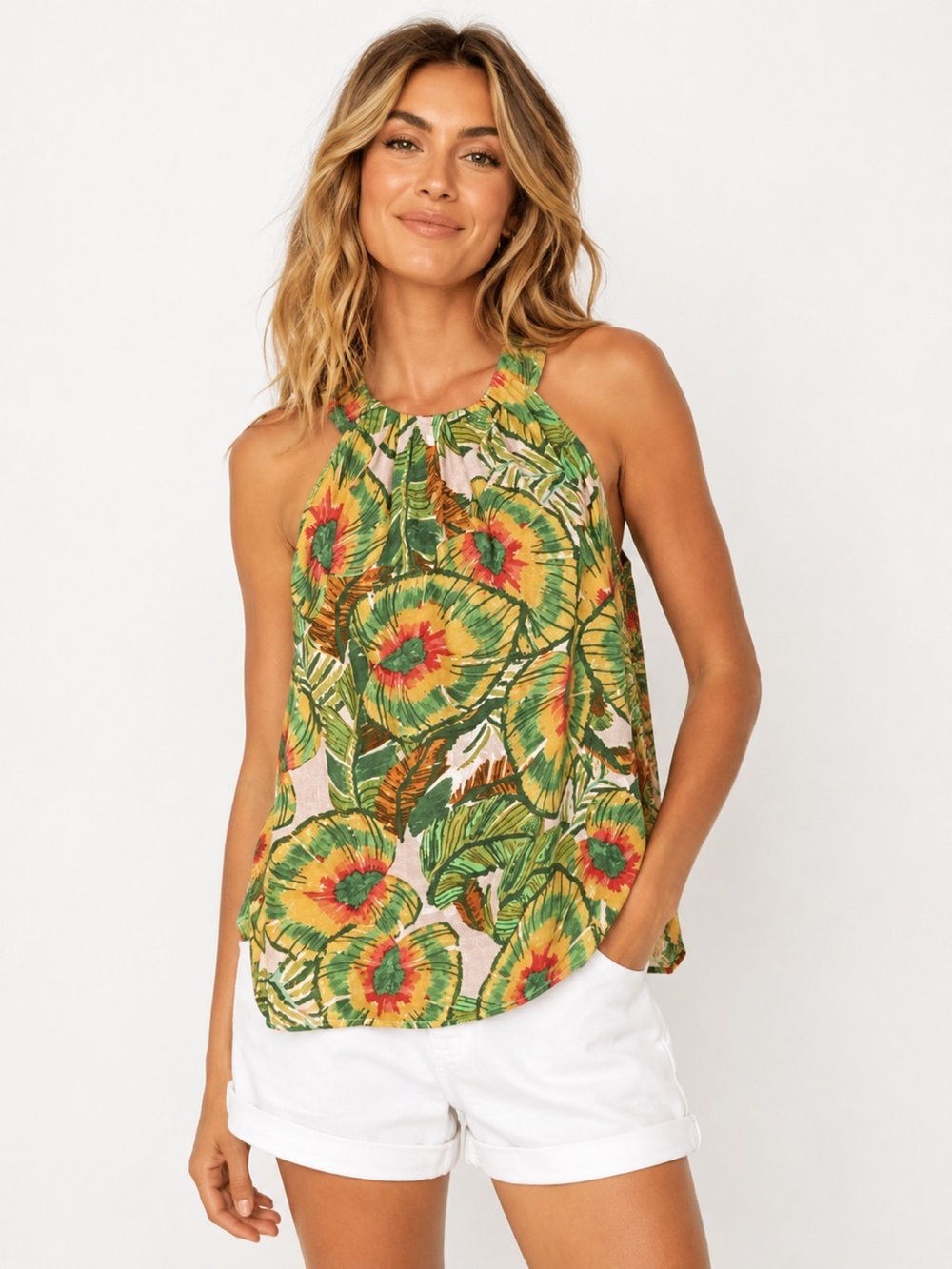 Cynthia Rowley High Neck Linen Blend‎ Floral Swing Tank Medium Tropical